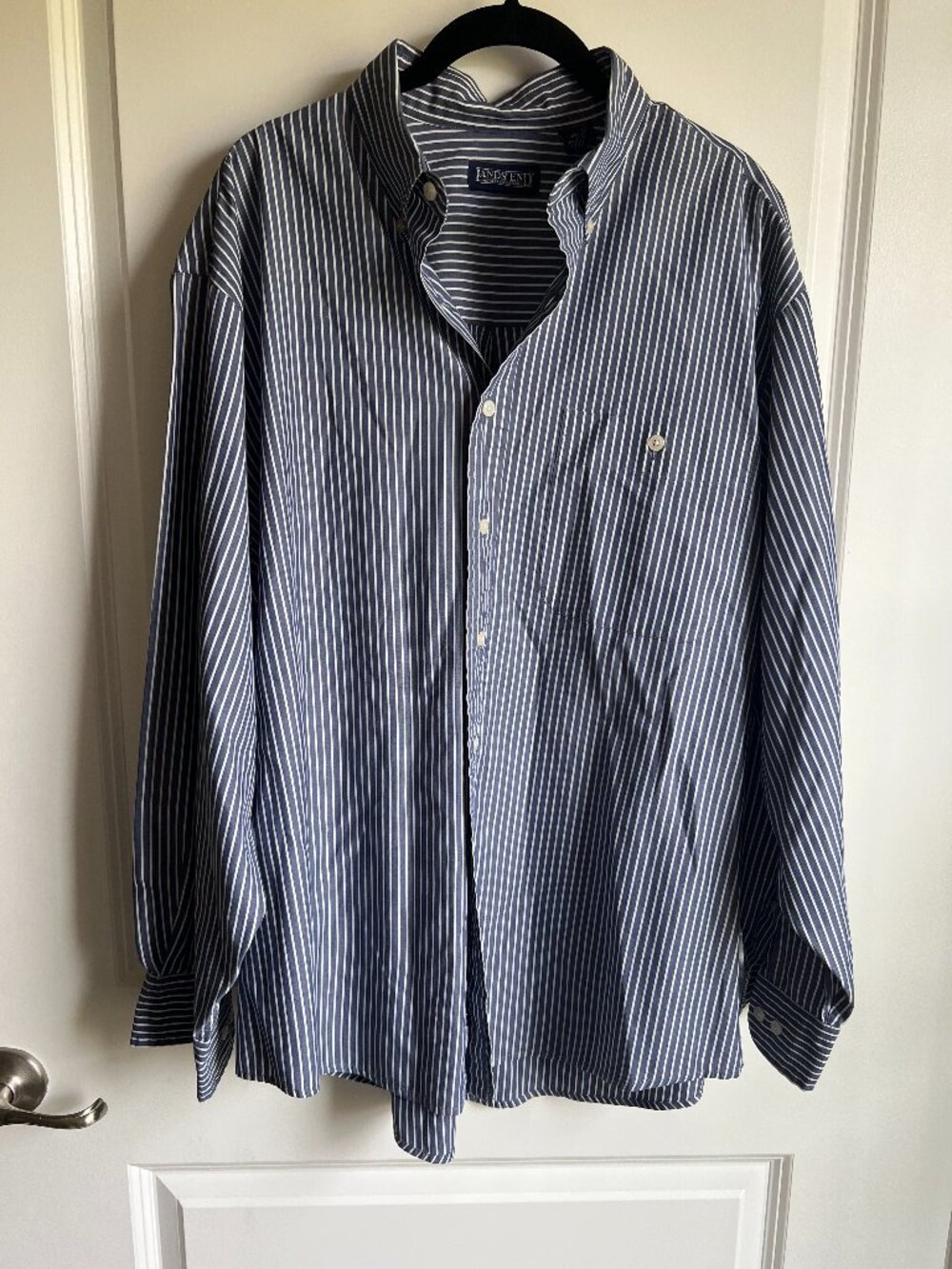 Lands' End Shirt, Men's L 16-16.5, Blue White, Striped, Button Down, Long Sleeve